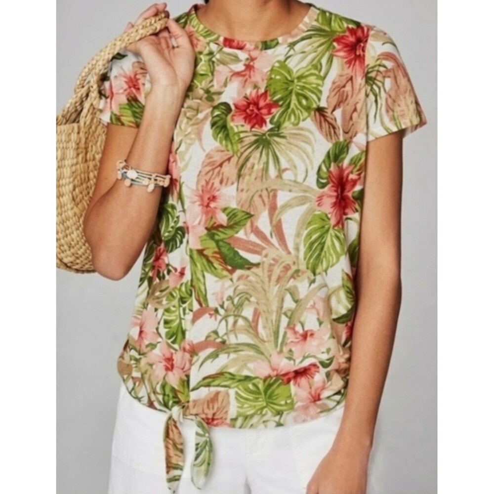 J. Jill Love Linen Women's Top Size MEDIUM 100% Linen Tropical Floral Beach Ties
